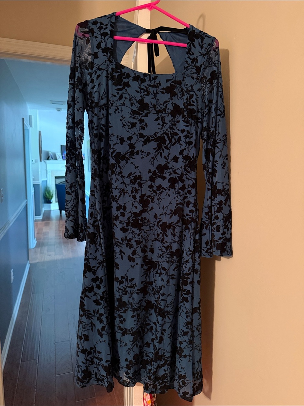 Blue Floral Velvet-Effect Long Sleeve Square Neck Dress